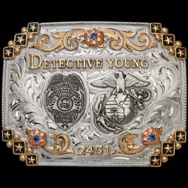 "This buckle is a great commemorative item for law-enforcement and military members. Crafted on a hand-engraved, German Silver base. Detailed with a fine rope edge, Jewelers Bronze star elements in each corner and Copper flowers. 

Customize it wit